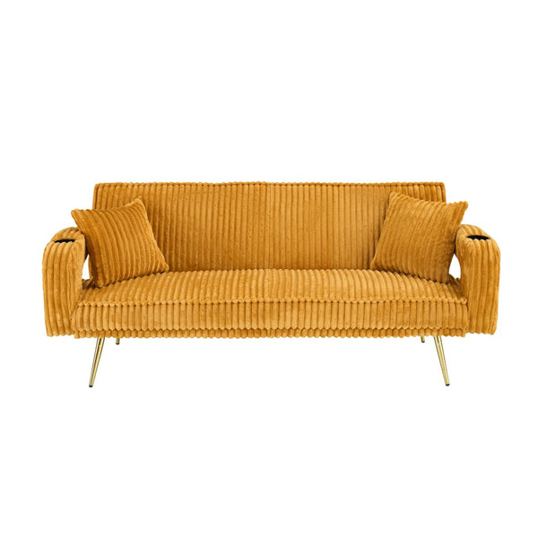 English Elm 74.01 Inch Corduroy Sleeper Sofa with Adjustable Backrest and Accent Pillows for Living Rooms Orange W1658P500251