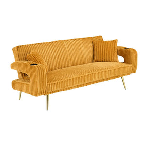 English Elm 74.01 Inch Corduroy Sleeper Sofa with Adjustable Backrest and Accent Pillows for Living Rooms Orange W1658P500251
