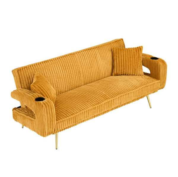 English Elm 74.01 Inch Corduroy Sleeper Sofa with Adjustable Backrest and Accent Pillows for Living Rooms Orange W1658P500251