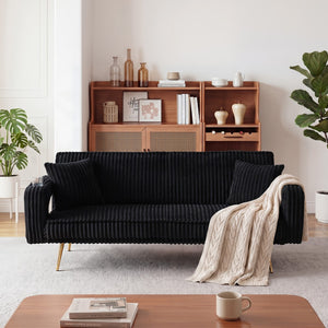 English Elm 74.01 Inch Corduroy Sleeper Sofa with Adjustable Backrest and Accent Pillows for Living Rooms Black W1658P500254