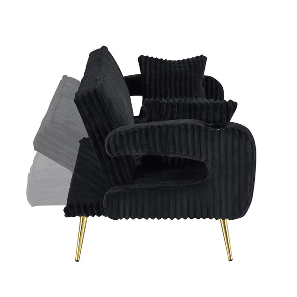 English Elm 74.01 Inch Corduroy Sleeper Sofa with Adjustable Backrest and Accent Pillows for Living Rooms Black W1658P500254
