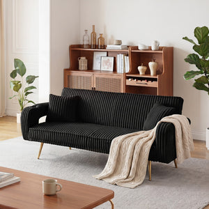 English Elm 74.01 Inch Corduroy Sleeper Sofa with Adjustable Backrest and Accent Pillows for Living Rooms Black W1658P500254