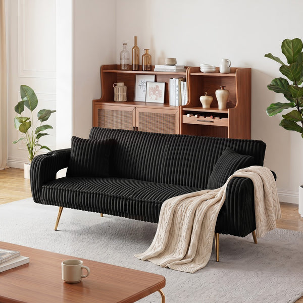 English Elm 74.01 Inch Corduroy Sleeper Sofa with Adjustable Backrest and Accent Pillows for Living Rooms Black W1658P500254