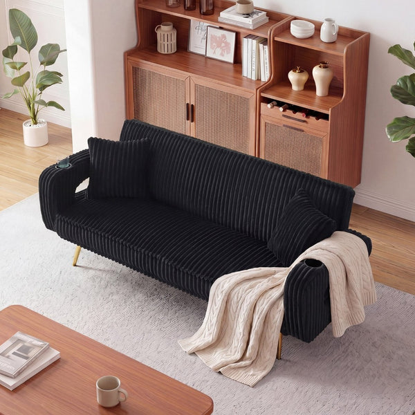 English Elm 74.01 Inch Corduroy Sleeper Sofa with Adjustable Backrest and Accent Pillows for Living Rooms Black W1658P500254