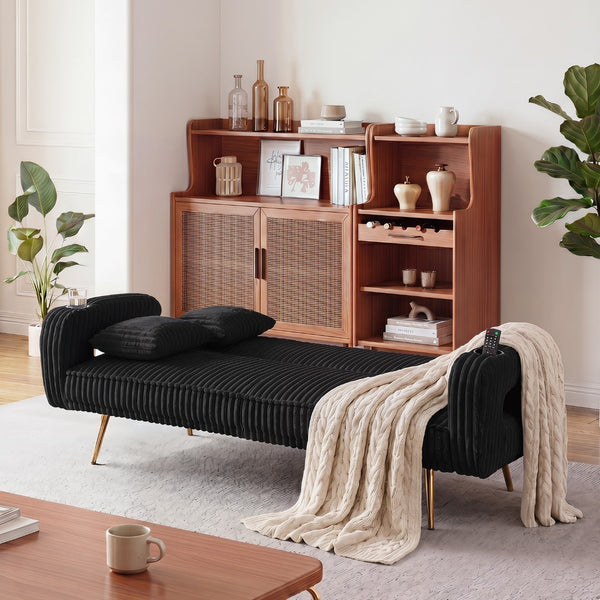 English Elm 74.01 Inch Corduroy Sleeper Sofa with Adjustable Backrest and Accent Pillows for Living Rooms Black W1658P500254