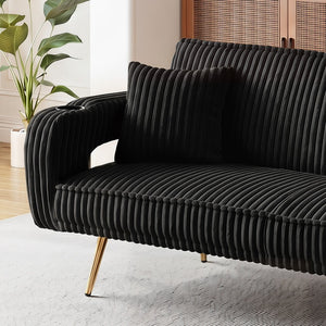 English Elm 74.01 Inch Corduroy Sleeper Sofa with Adjustable Backrest and Accent Pillows for Living Rooms Black W1658P500254