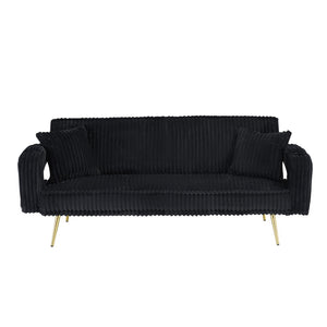 English Elm 74.01 Inch Corduroy Sleeper Sofa with Adjustable Backrest and Accent Pillows for Living Rooms Black W1658P500254