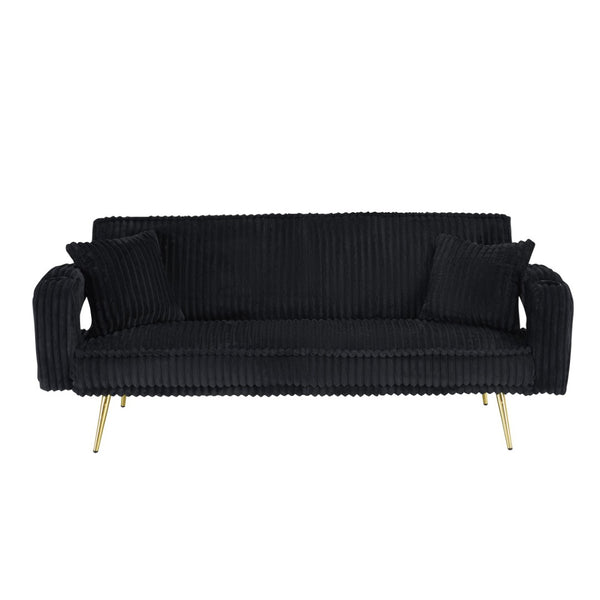 English Elm 74.01 Inch Corduroy Sleeper Sofa with Adjustable Backrest and Accent Pillows for Living Rooms Black W1658P500254