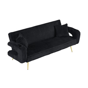 English Elm 74.01 Inch Corduroy Sleeper Sofa with Adjustable Backrest and Accent Pillows for Living Rooms Black W1658P500254