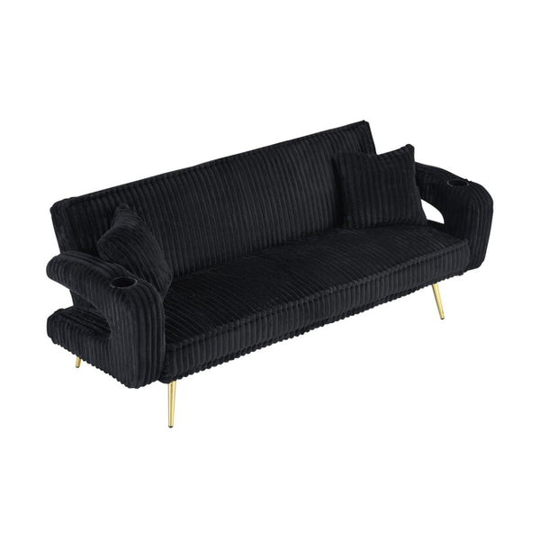 English Elm 74.01 Inch Corduroy Sleeper Sofa with Adjustable Backrest and Accent Pillows for Living Rooms Black W1658P500254