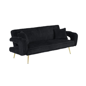 English Elm 74.01 Inch Corduroy Sleeper Sofa with Adjustable Backrest and Accent Pillows for Living Rooms Black W1658P500254