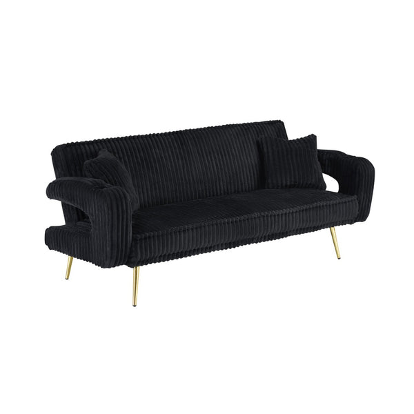 English Elm 74.01 Inch Corduroy Sleeper Sofa with Adjustable Backrest and Accent Pillows for Living Rooms Black W1658P500254
