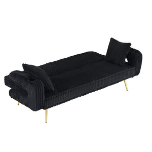 English Elm 74.01 Inch Corduroy Sleeper Sofa with Adjustable Backrest and Accent Pillows for Living Rooms Black W1658P500254