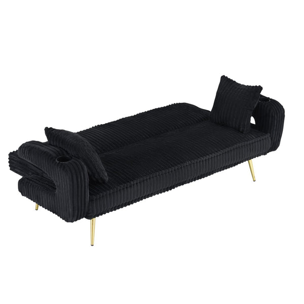English Elm 74.01 Inch Corduroy Sleeper Sofa with Adjustable Backrest and Accent Pillows for Living Rooms Black W1658P500254