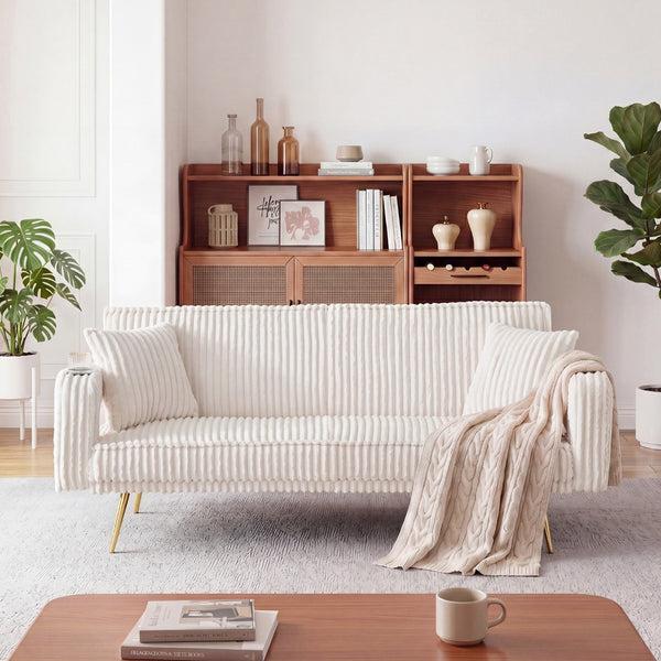 English Elm 74.01 Inch Corduroy Sleeper Sofa with Adjustable Backrest and Accent Pillows for Living Rooms White W1658P500256