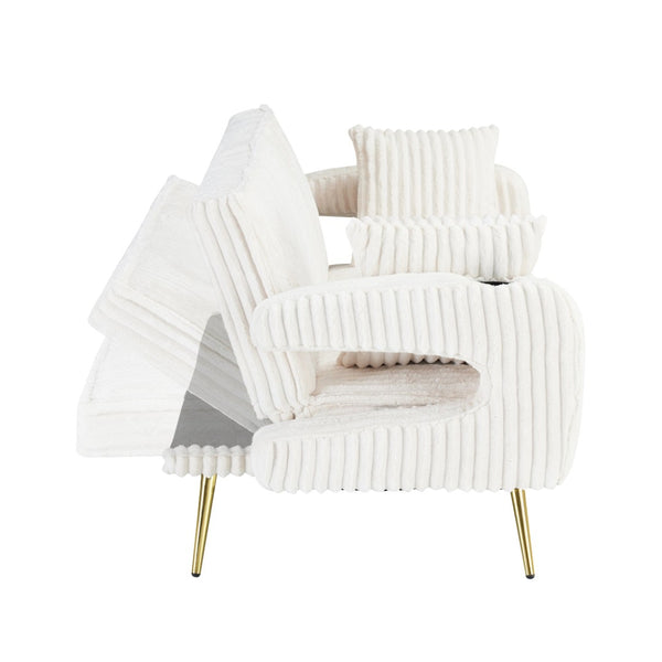 English Elm 74.01 Inch Corduroy Sleeper Sofa with Adjustable Backrest and Accent Pillows for Living Rooms White W1658P500256