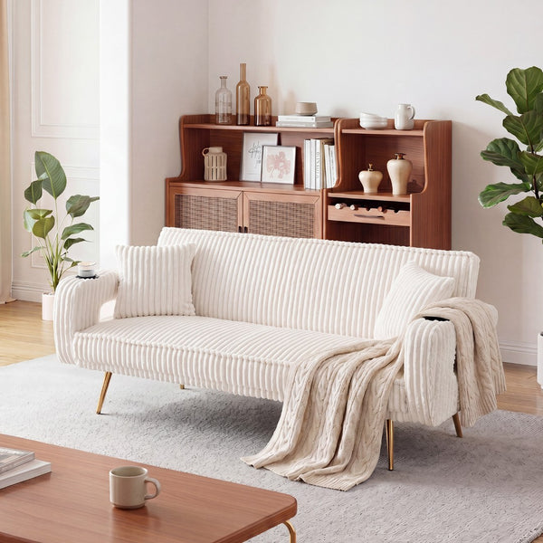 English Elm 74.01 Inch Corduroy Sleeper Sofa with Adjustable Backrest and Accent Pillows for Living Rooms White W1658P500256
