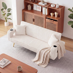 English Elm 74.01 Inch Corduroy Sleeper Sofa with Adjustable Backrest and Accent Pillows for Living Rooms White W1658P500256