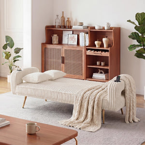 English Elm 74.01 Inch Corduroy Sleeper Sofa with Adjustable Backrest and Accent Pillows for Living Rooms White W1658P500256