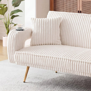 English Elm 74.01 Inch Corduroy Sleeper Sofa with Adjustable Backrest and Accent Pillows for Living Rooms White W1658P500256