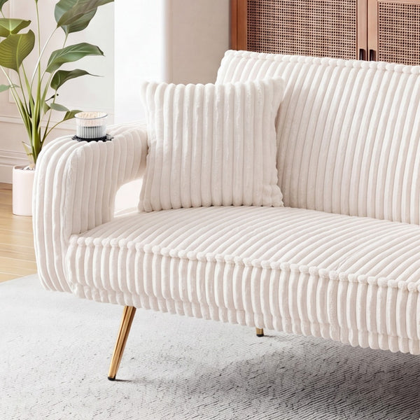 English Elm 74.01 Inch Corduroy Sleeper Sofa with Adjustable Backrest and Accent Pillows for Living Rooms White W1658P500256