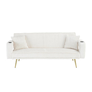 English Elm 74.01 Inch Corduroy Sleeper Sofa with Adjustable Backrest and Accent Pillows for Living Rooms White W1658P500256