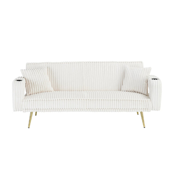English Elm 74.01 Inch Corduroy Sleeper Sofa with Adjustable Backrest and Accent Pillows for Living Rooms White W1658P500256
