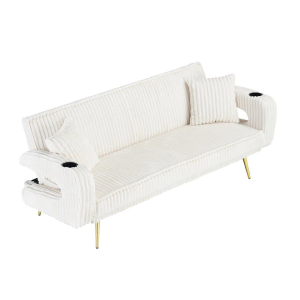English Elm 74.01 Inch Corduroy Sleeper Sofa with Adjustable Backrest and Accent Pillows for Living Rooms White W1658P500256