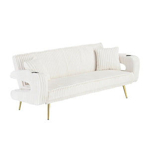 English Elm 74.01 Inch Corduroy Sleeper Sofa with Adjustable Backrest and Accent Pillows for Living Rooms White W1658P500256