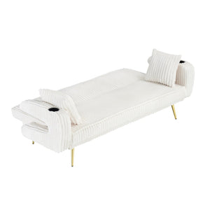 English Elm 74.01 Inch Corduroy Sleeper Sofa with Adjustable Backrest and Accent Pillows for Living Rooms White W1658P500256