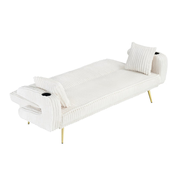 English Elm 74.01 Inch Corduroy Sleeper Sofa with Adjustable Backrest and Accent Pillows for Living Rooms White W1658P500256