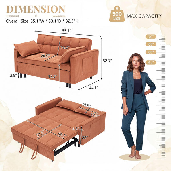 English Elm 54.30" Corduroy Sleeper Loveseat with Pull Out Bed Compact Sofa for Small Spaces Orange W1658P500274