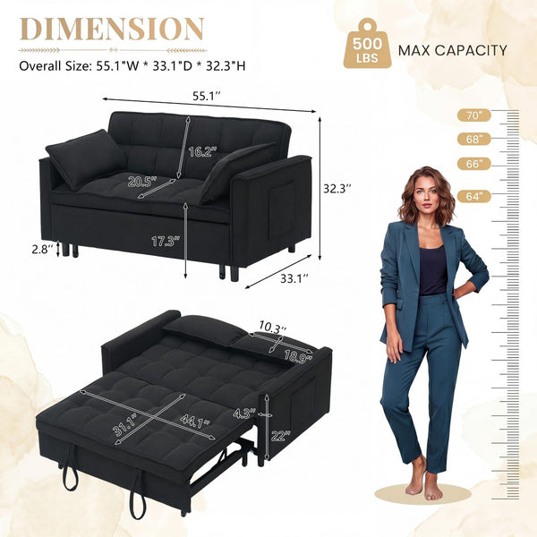English Elm 54.30" Corduroy Sleeper Loveseat with Pull Out Bed Compact Sofa for Small Spaces Black W1658P500289