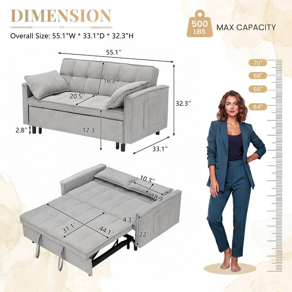 English Elm 54.30" Corduroy Sleeper Loveseat with Pull Out Bed Compact Sofa for Small Spaces Light Gray W1658P500297