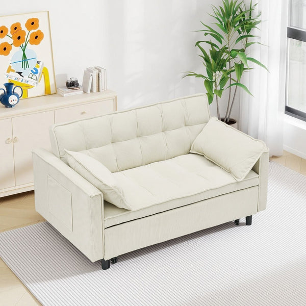 English Elm 54.30" Corduroy Sleeper Loveseat with Pull Out Bed Compact Sofa for Small Spaces Beige W1658P500300