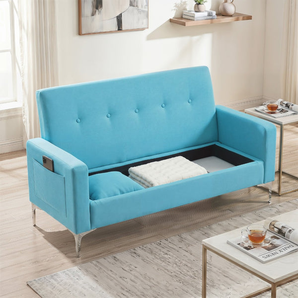 English Elm 57 Inch Velvet Loveseat with Hidden Storage Compartment for Compact Living Spaces Blue W1658P504493