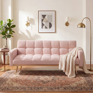 English Elm 69 Inch Convertible Teddy Fleece Sleeper Sofa with Plush Sherpa Upholstery for Small Spaces Pink W1658P505195