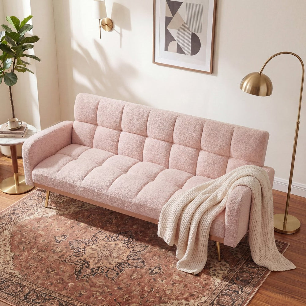 English Elm 69 Inch Convertible Teddy Fleece Sleeper Sofa with Plush Sherpa Upholstery for Small Spaces Pink W1658P505195