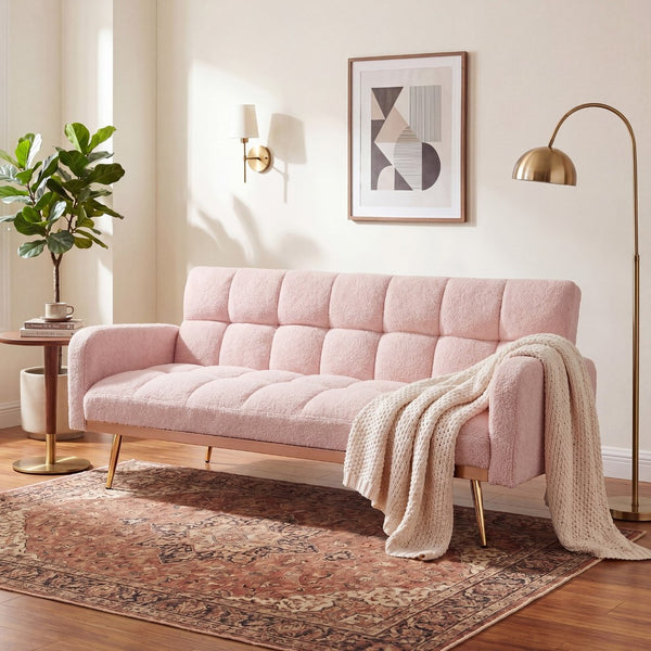 English Elm 69 Inch Convertible Teddy Fleece Sleeper Sofa with Plush Sherpa Upholstery for Small Spaces Pink W1658P505195