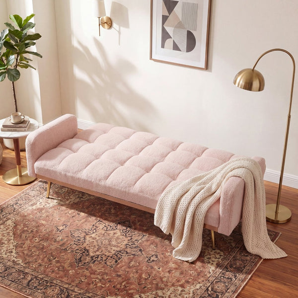 English Elm 69 Inch Convertible Teddy Fleece Sleeper Sofa with Plush Sherpa Upholstery for Small Spaces Pink W1658P505195