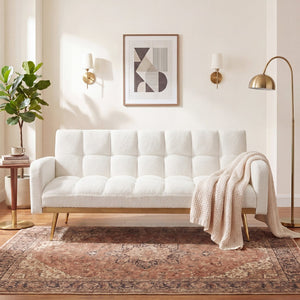 English Elm 69 Inch Convertible Teddy Fleece Sleeper Sofa with Plush Sherpa Upholstery for Small Spaces Beige W1658P505231