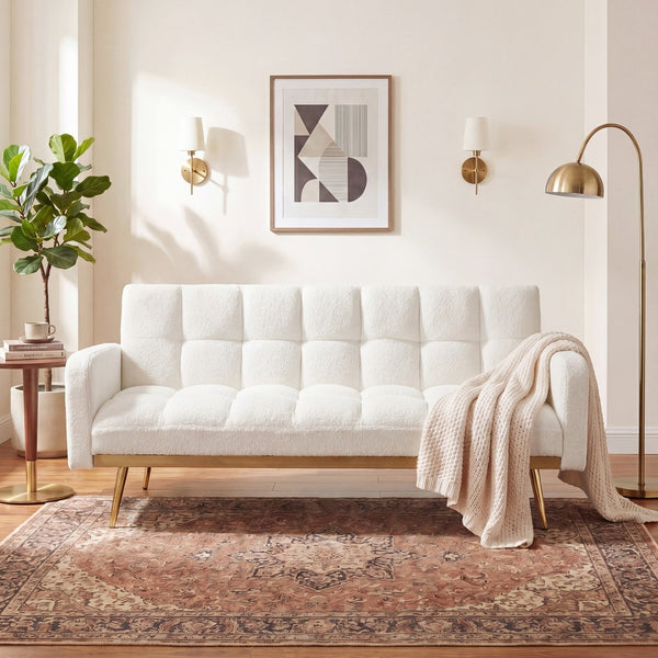 English Elm 69 Inch Convertible Teddy Fleece Sleeper Sofa with Plush Sherpa Upholstery for Small Spaces Beige W1658P505231