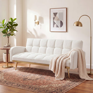 English Elm 69 Inch Convertible Teddy Fleece Sleeper Sofa with Plush Sherpa Upholstery for Small Spaces Beige W1658P505231