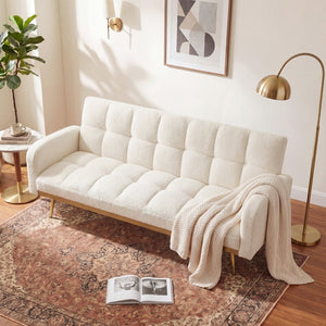 English Elm 69 Inch Convertible Teddy Fleece Sleeper Sofa with Plush Sherpa Upholstery for Small Spaces Beige W1658P505231