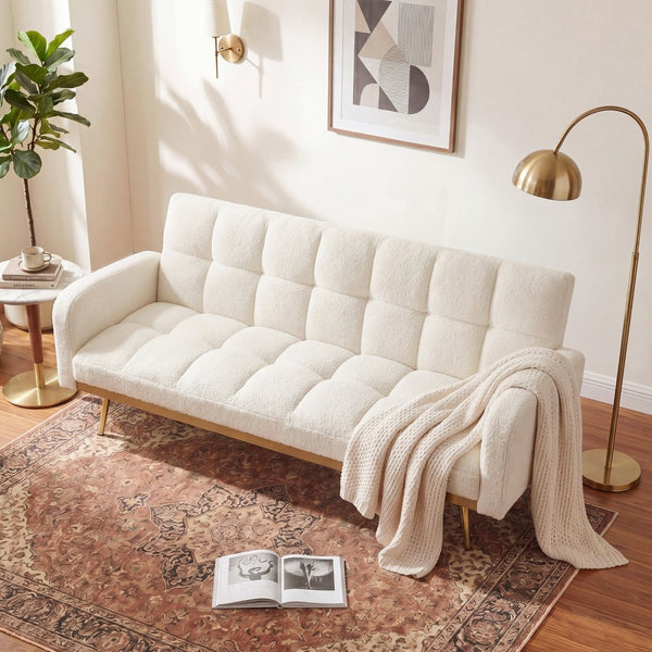 English Elm 69 Inch Convertible Teddy Fleece Sleeper Sofa with Plush Sherpa Upholstery for Small Spaces Beige W1658P505231