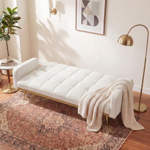 English Elm 69 Inch Convertible Teddy Fleece Sleeper Sofa with Plush Sherpa Upholstery for Small Spaces Beige W1658P505231