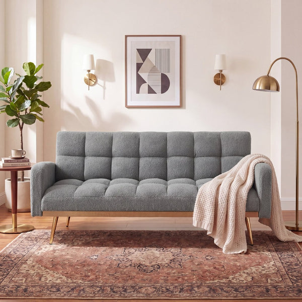 English Elm 69 Inch Convertible Teddy Fleece Sleeper Sofa with Plush Sherpa Upholstery for Small Spaces Gray W1658P505232