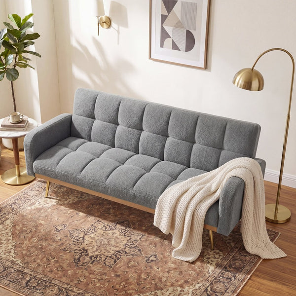 English Elm 69 Inch Convertible Teddy Fleece Sleeper Sofa with Plush Sherpa Upholstery for Small Spaces Gray W1658P505232
