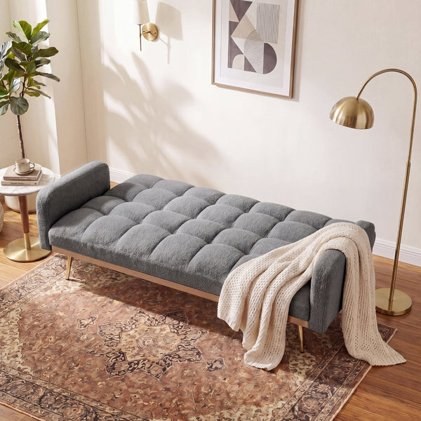 English Elm 69 Inch Convertible Teddy Fleece Sleeper Sofa with Plush Sherpa Upholstery for Small Spaces Gray W1658P505232