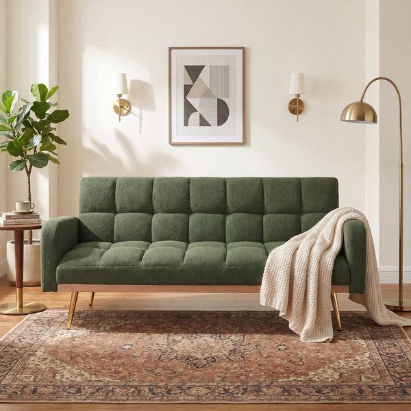 English Elm 69 Inch Convertible Teddy Fleece Sleeper Sofa with Plush Sherpa Upholstery for Small Spaces Green W1658P505236